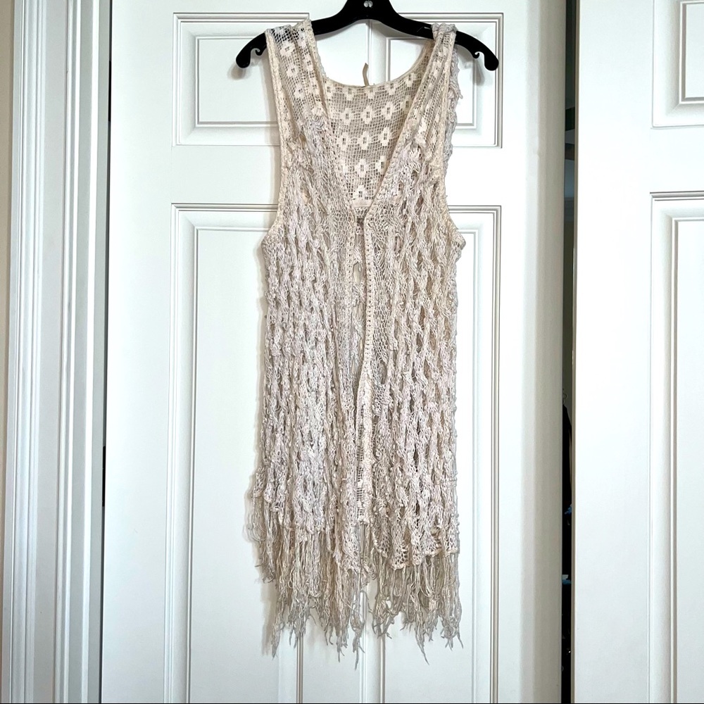 Free People hooded crochet sleeveless cardigan
